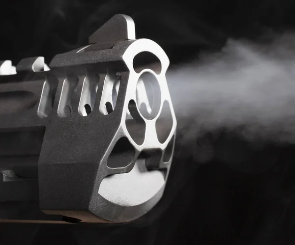 Smoke Blowing Out Pistol Barrel Black Background — Stock Photo, Image