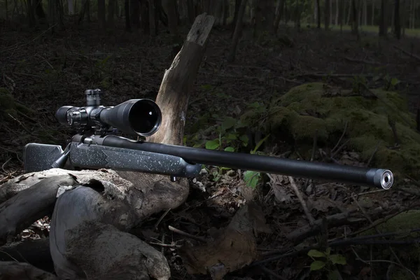 Bolt Action Rifle High Powered Scope Woods Dusk Room Text — Stock Photo, Image