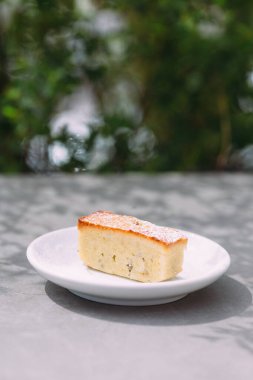 Small rectangular cake with powdered sugar on a white plate outdoors, surrounded by blurred green foliage