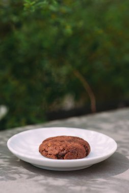 Chocolate cookie on a white plate with natural green background, presenting a simple dessert or snack concept
