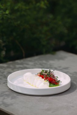Appetizer featuring burrata, vibrant cherry tomatoes, fresh green herbs, and a drizzle of golden olive oil on a white plate