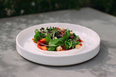 Food stylist preparing a delicious cold gourmet appetizer on a round white plate with vegetables, sauce and nuts. Serving healthy lifestyle cuisine