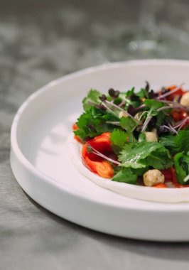 Fresh salad beautifully plated, featuring vibrant greens, red bell peppers, and a creamy dressing, representing healthy eating