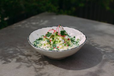 Cold soup with fresh chopped vegetables and herbs, highlighting health, diet, and summer food concepts
