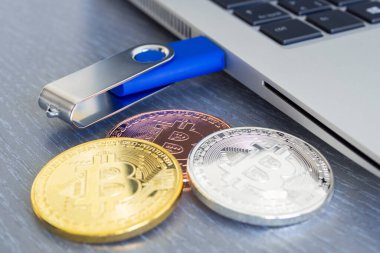 Mavi USB flash disk yerleştirildi ya da laptop bilgisayarının USB portuna bağlandı. Not defteri açık gri bir masa arkasında. Bitcoin paraları yakında. Veri depolama ve modern elektronik konsept. Yakın plan..
