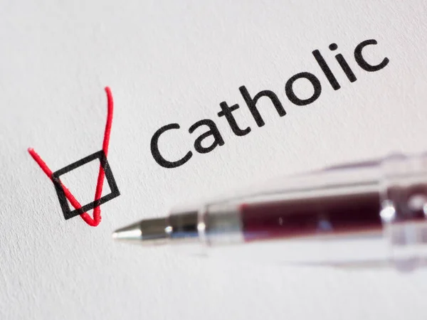 Sorum var. Kırmızı kalem ve beyaz kağıtta işaretli olan CaTHOLIC yazıları. Yakın plan arkaplan. Yüksek kaliteli makro fotoğrafçılık.