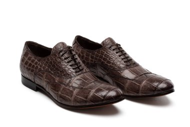 Timsah derisi, koyu kahverengi erkek ayakkabısı, izole edilmiş, beyaz arka plan. Klasik iki balmoral blucher oxfords çifti. Erkeklerin resmi ayakkabısı. Çizmeli klasik timsah ayakkabısı, yan görüş..
