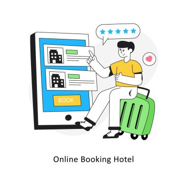 Çevrimiçi Rezervasyon Otel Düz Tasarım Vektörü illüstrasyonu. Stok illüstrasyonu