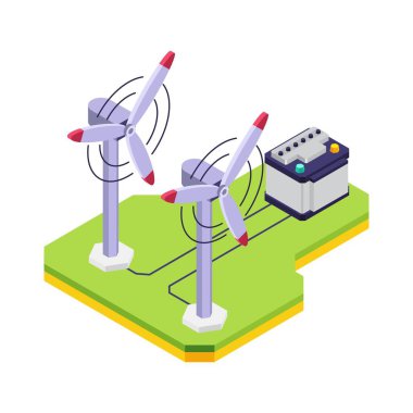 Yel değirmeni Elektrik Enerjisi izometrik vektör çizimi.