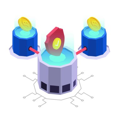 Bitcoin Madencilik izometrik vektör çizimi.