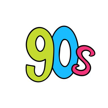 90'lar vektör yazısını işaretler. T-shirt baskı tasarımı. Sevimli doodle etiket.