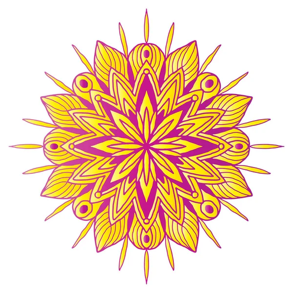 장식 꽃 만다라. 카펫 장식 패턴입니다. 인테리어 만다라 프린트 옐로우와 핑크 컬러. 열대 여름 디자인을위한 밝은 로고. — 스톡 벡터