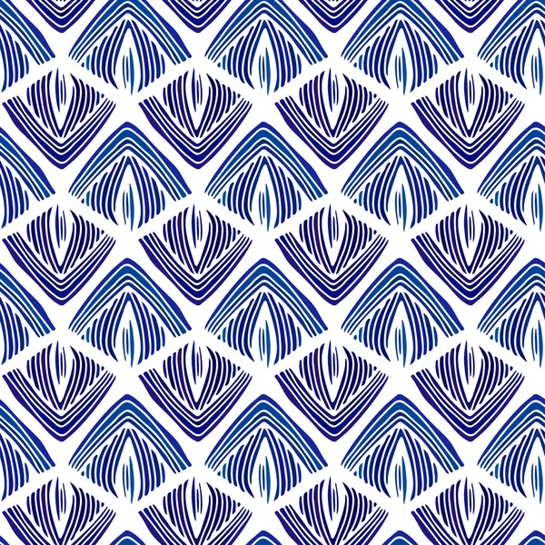 Blå handritade sömlösa mönster med böjda trianglar prydnad. Ikat sömlösa mönster för textil, förpackning, tapet design. Abstrakt prydnad bakgrund. Tyg Fashion Print. — Stock vektor