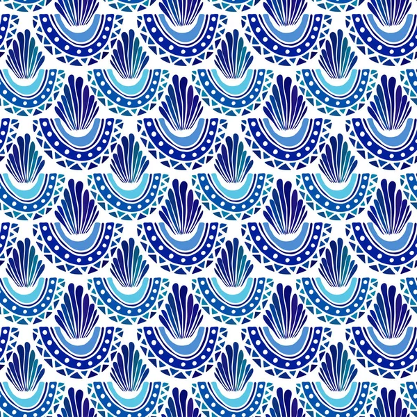 Modrý plynulý vzorek s geometrickými zakřivenými tahy. Moderní vzorec pro textilní, balicí a Tapetový design. Abstraktní ozdobný podklad. Textilní módní tisk. — Stockový vektor