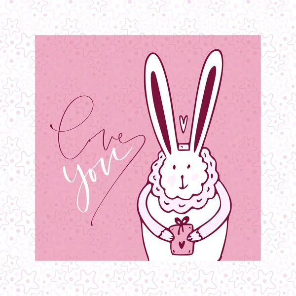 Schattig konijntje met geschenk. Groet liefde u kaart. Witte Bunny illustratie. — Stockvector
