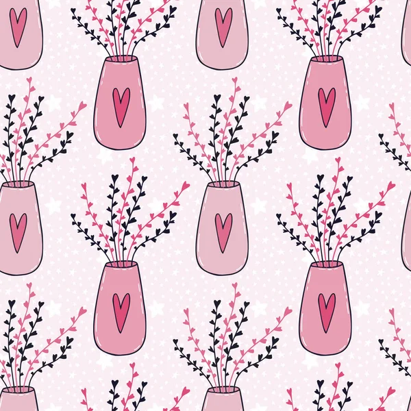 Sömlös textur med blomma i vaser. Interiör mönster tryckdesign. Blommig sömlös mönster i rosa färg. — Stock vektor