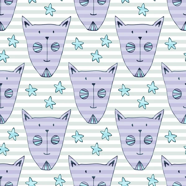 Modèle sans couture avec des chats drôles dans des couleurs violettes et bleues. Motif textile, illustration vectorielle de papier d'emballage . — Image vectorielle