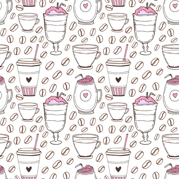 Modèle sans couture avec de jolies tasses à café doodle. Modèle de dessin animé pour la conception de café . — Image vectorielle