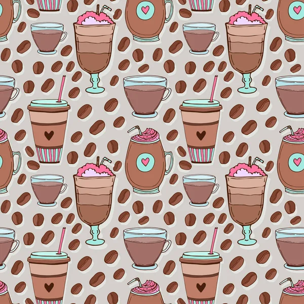 Modèle sans couture avec tasses à café doodle dessinées à la main. Modèle de dessin animé pour la conception de café . — Image vectorielle