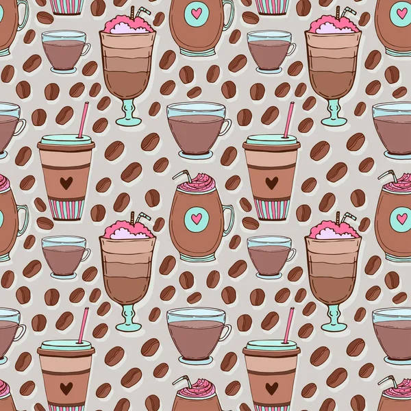 Seamless pattern with hand drawn doodle coffee cups. Cartoon pattern for cafe design.