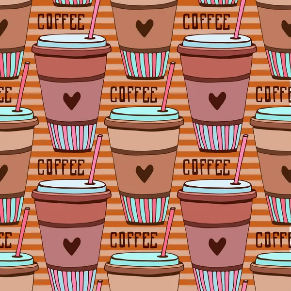 Seamless pattern with doodle coffee cups. Cartoon pattern for cafe design. — Stock Vector