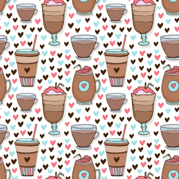 Sömlöst mönster med söta Doodle kaffekoppar. Tecknad mönster för Café design. — Stock vektor