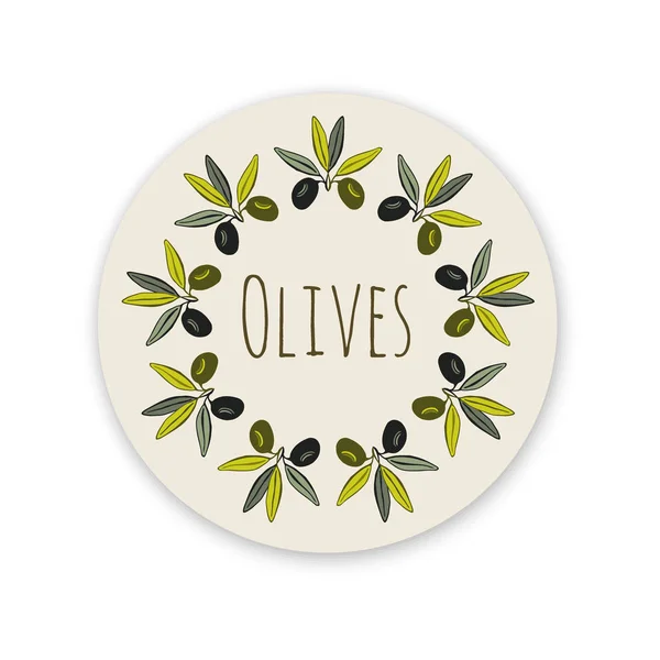 Etiqueta Vector Olives. Cubierta dibujada a mano. Diseño de embalaje . — Vector de stock