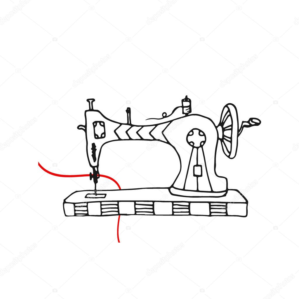 Sewing mashine Vector. Hand drawn print. Sketch design