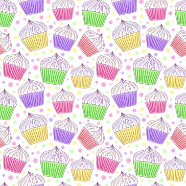 Cupcake sorunsuz desen. Doğum günü tatlı baskı. Çocuklar tekstil veya dekorasyon için sevimli arka plan.