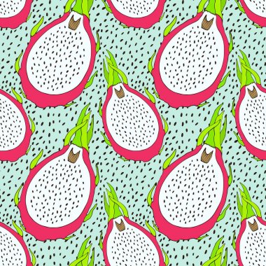 Dikişsiz pitaya meyve deseni. Menü, duvar kağıtları ve defterler için vektör çizimi.