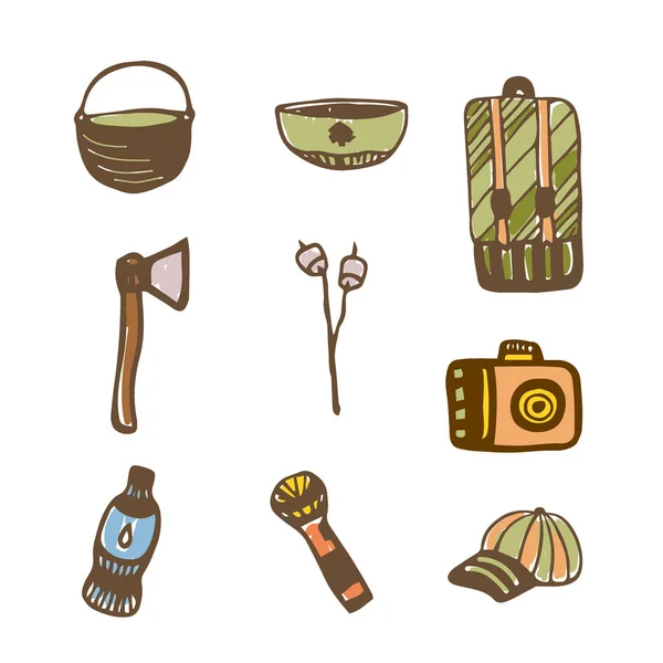 Camping doodle icons. Vector travel accessories. Hand drawn. Sticker design. — Stock Vector