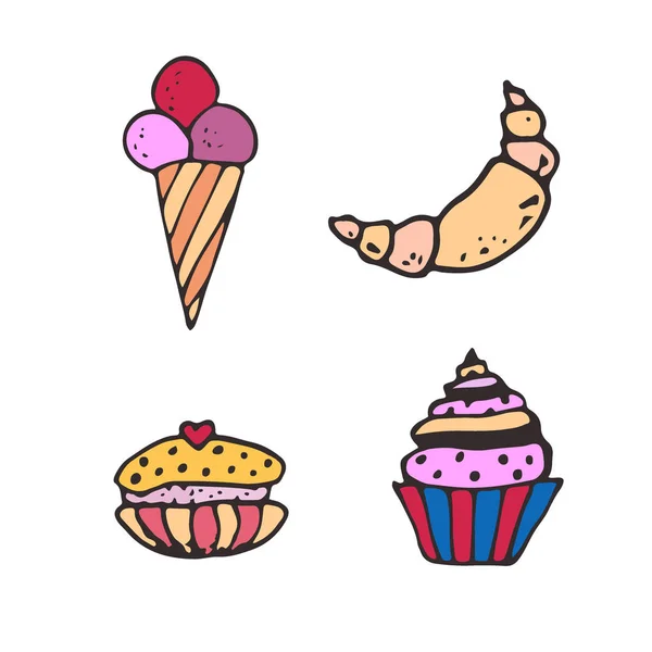 Desserts Vector icons. Hand drawn Sticker design. Ice Cream. Macaroon. Croissant — Stock Vector