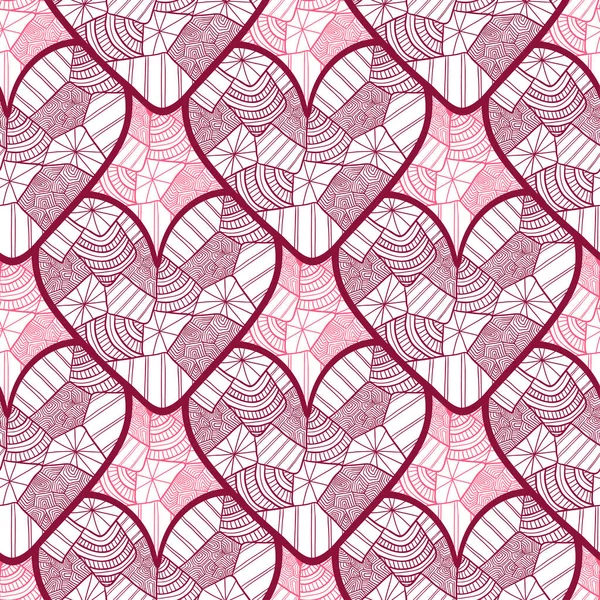 Patrón sin costuras de encaje con corazones ornamentales. Textura para papel de regalo de San Valentín, fondo de invitación de boda, diseño de tela textil. Colores rojos . — Vector de stock