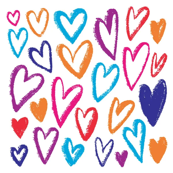 Handgezeichnete bunte Herzen. Vektor-Grunge-Illustration. bunte Kinderdrucke. Valentinstag, Geburtstag oder andere Feiertage — Stockvektor