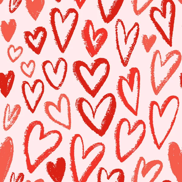 Rote Herzen nahtlose Muster. Vektor wiederholende Textur. handgezeichneter Schmuck für Geschenkpapier, Kindertextilien oder Modedrucke. Valentinstag oder Hochzeitsdeko. — Stockvektor