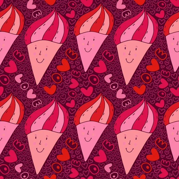 Lindo helado patrón sin costura. Dulce textura de garabato. Papel de embalaje textil. Diseño de embalaje divertido. Fondo día de San Valentín . — Archivo Imágenes Vectoriales