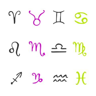 Elle çizilmiş Zodyak işaretleri. Vektör astroloji simgeleri. Freehand İllüstrasyon baskı.