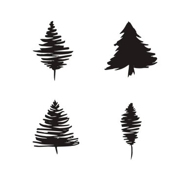 Noel Ağaçları skeçleri. Elle çizilmiş izole doğal elementler. Siyah Vektör silueti.