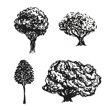 Ağaçlar vektör olarak çizildi. Elle çizilmiş izole elemanlar. Siyah siluetler.