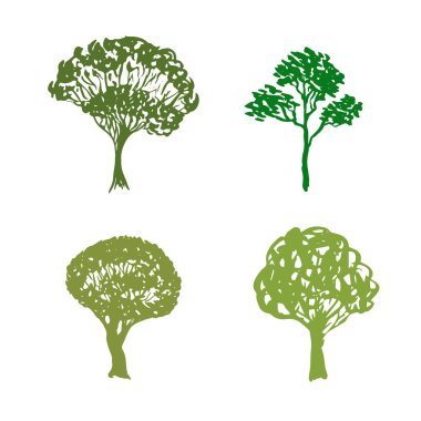 Ağaçlar handdrawn simgeler. Eskiz izole bahçe elemanları. Yeşil vektör silueti.