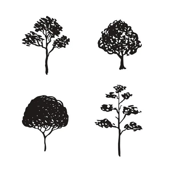 Drzewa szkicowane ilustracji. Ręcznie rysowane izolowane elementy naturalne. Czarna sylwetka ikony. — Wektor stockowy