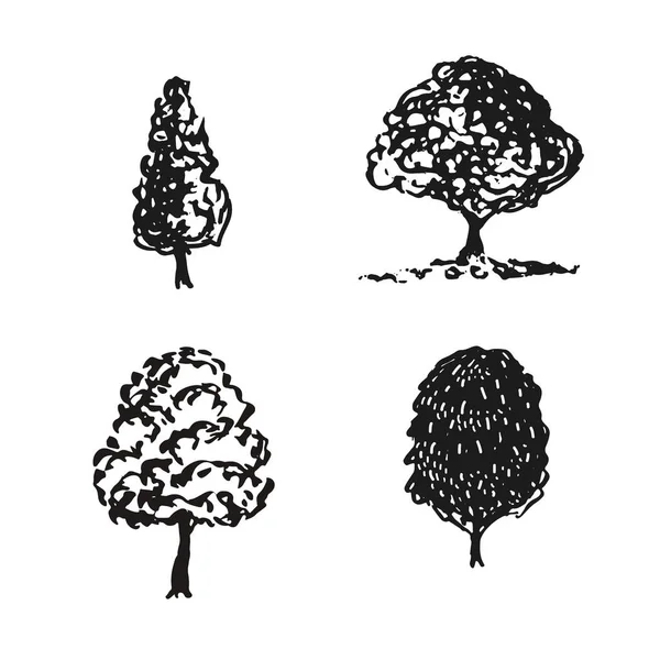 Árboles bocetos decoración. Elementos naturales aislados dibujados a mano. Iconos de silueta negro . — Vector de stock