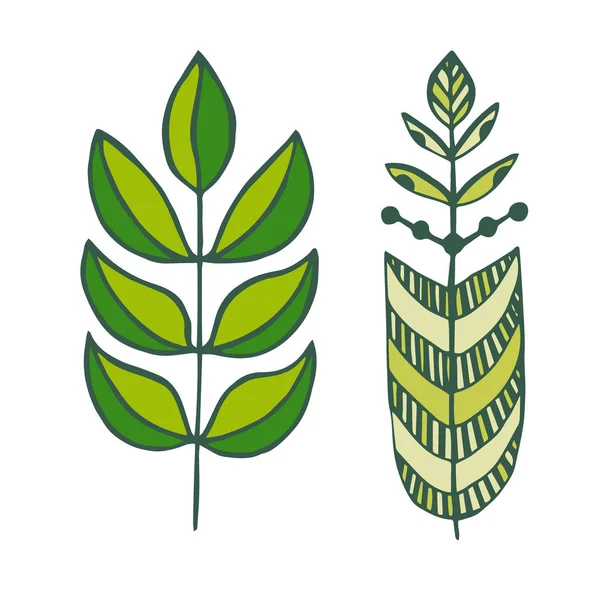 Значки с зелёными листьями. Дизайн печати футболки. Татуировка  . — стоковый вектор