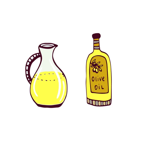 Оливкова пляшка і глечик. Векторні ізольовані ілюстрації. Піктограма, намальована вручну . — стоковий вектор
