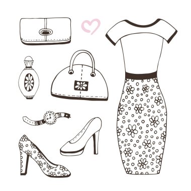 Moda illüstrasyon giyim. Kadın modern giysileri. Moda aksesuarları ile koleksiyon. Kadın güzellik tasarımı için vektör giyim. Boyama kitabı sayfası.