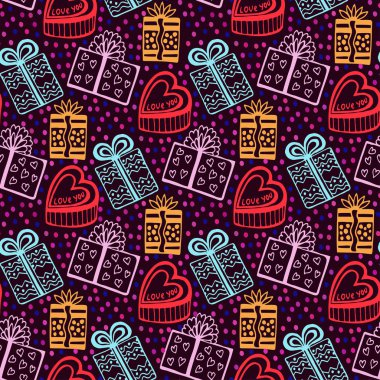 Hediye dikişsiz desen. Doğum günü arka plan, yeni yıl veya sevgililer fon. Hediye kutuları ile parlak desen.