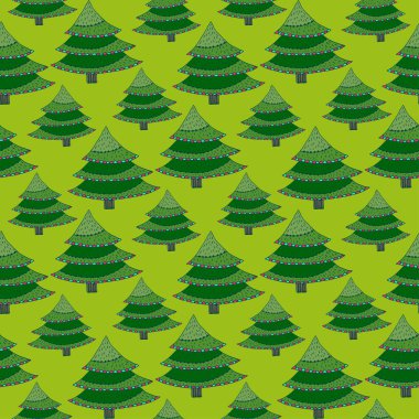 Karikatür Ağaçlar Dikişsiz desen. Noel ağacı tasarımı. Kutlama ambalaj kağıdı için yeşil desen.