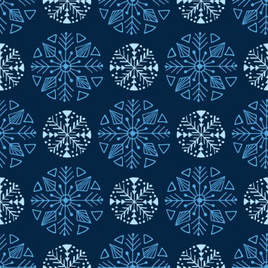 Mavi Noel dikişsiz desen. Kar taneleri modern ambalaj kağıdı. Tekstil tasarımı, iç dekorasyon ve Yeni Yıl patter dekorasyon