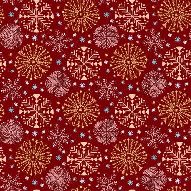 Kırmızı renkte Noel dikişsiz desen. Kar taneleri ambalaj kağıdı. Tekstil tasarımı, iç dekorasyon ve Yeni Yıl patter dekorasyon