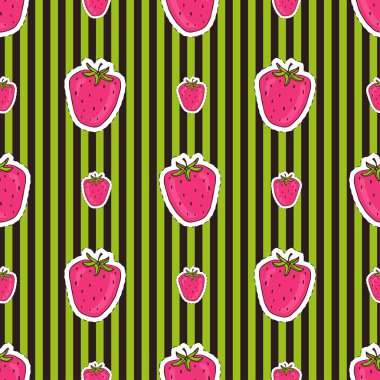 Yeşil çizgili çilek dikişsiz desen. Modern ambalaj kağıdı. Tekstil baskı, iç dekor. Pembe çilek ile Duvar Kağıdı desen tasarımı.
